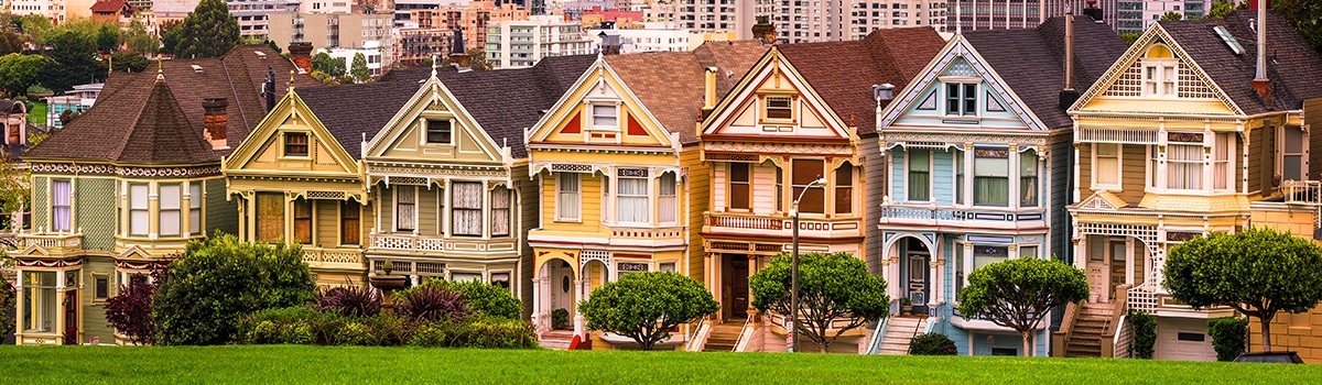 Row of Painted Ladies - colorful houses in a San Francisco neighborhood
