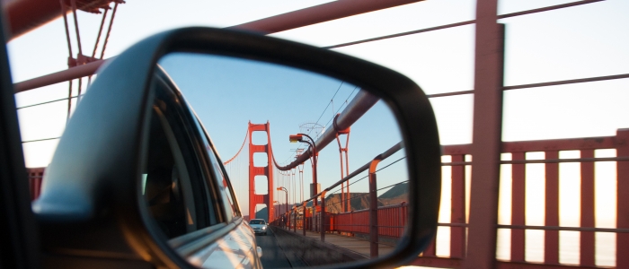 Golden Gate Bridge in Car's Rearview Mirror