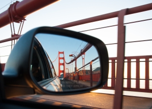 Golden Gate Bridge in Car's Rearview Mirror