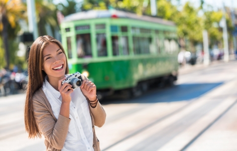 Woman taking a photo with a San Francisco cable car in the back