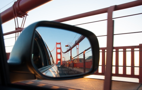 Golden Gate Bridge in Car's Rearview Mirror